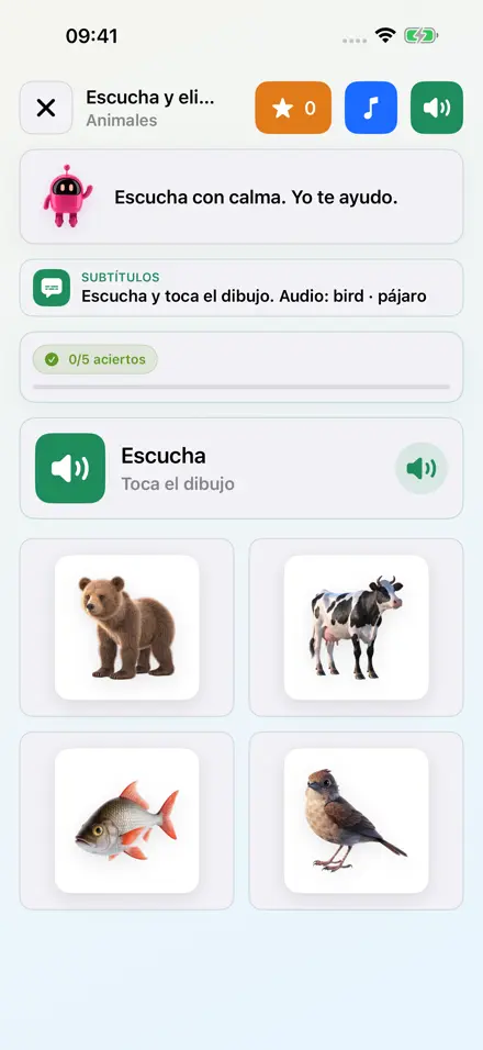 Juego real de Palabritas: escucha una palabra en inglés y toca la imagen que corresponde.